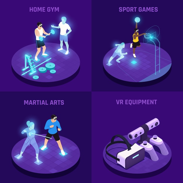 Concepto isométrico deportivo vr con equipo de realidad virtual juegos de artes marciales de gimnasio en casa aislado