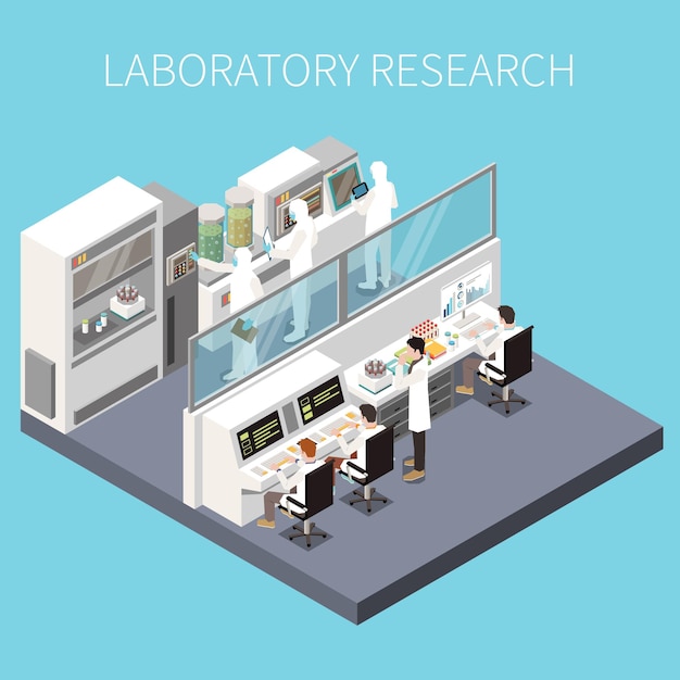 Concepto isométrico de desarrollo de investigación con ingenieros en ilustración de vector de laboratorio científico