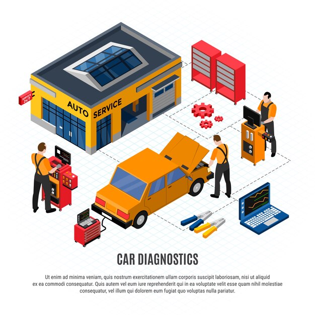 Concepto isométrico de diagnóstico del automóvil con reparación y repuestos y herramientas ilustración vectorial