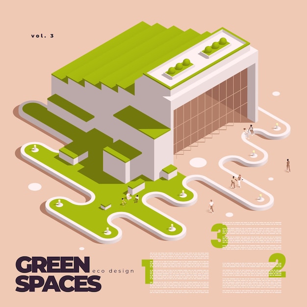 Concepto isométrico de diseño ecológico de espacios verdes urbanos con un gran edificio verde con un área adyacente y residentes que caminan cerca de ilustraciones vectoriales