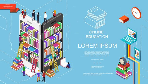 Concepto isométrico de educación y aprendizaje en línea con estanterías de estudiantes con libros en pantallas móviles, reloj despertador, computadora portátil y tableta, ilustración