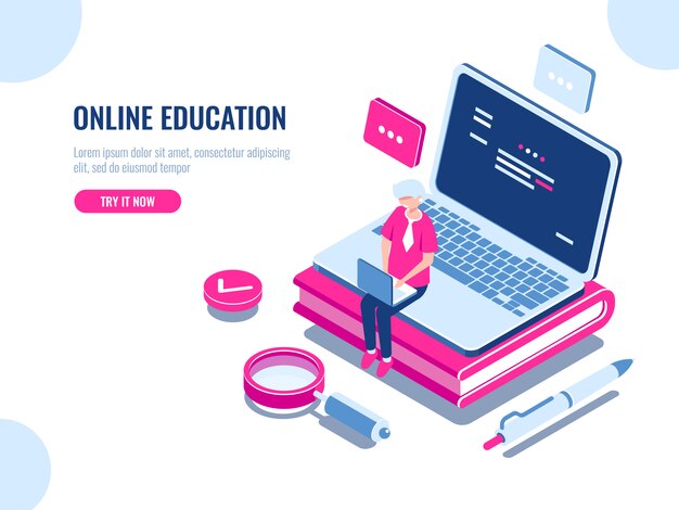 Concepto isométrico de educación en línea, computadora portátil en el libro, curso de internet para aprender en casa