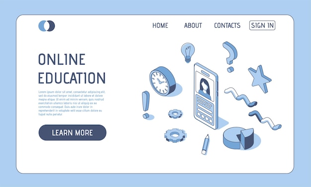 Concepto isométrico de educación en línea para sitio web y sitio web móvil ilustración de plantilla de página de destino