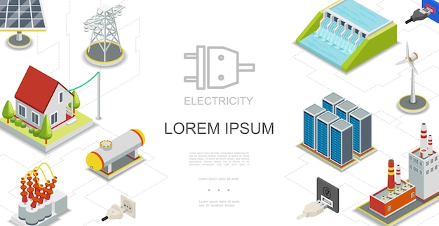 Concepto isométrico de electricidad y energía con centrales hidroeléctricas y de combustible, panel solar, tanque de gas, molino de viento, almacenamiento de energía, transformador eléctrico, torre de transmisión, ilustración