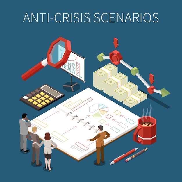 Concepto isométrico de escenario anticrisis con la gestión de la empresa tratando de resolver problemas de negocios ilustración vectorial