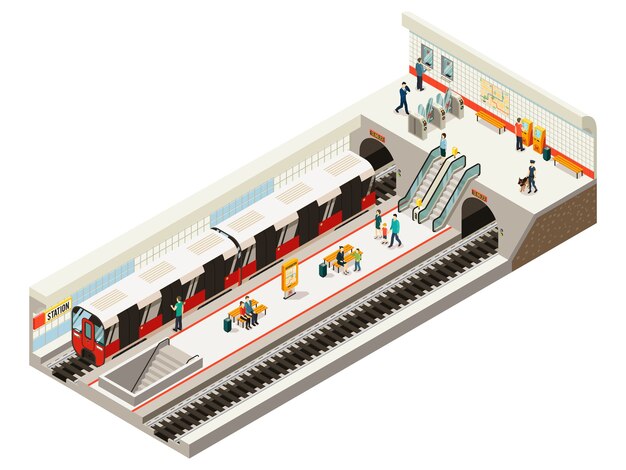 Concepto isométrico de la estación de metro con boletos de tren, tablero de información, escaleras mecánicas, bancos de ferrocarril, pasajeros en la plataforma aislada