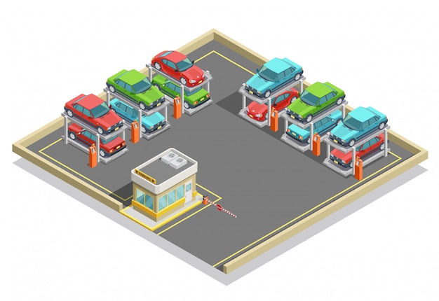 Concepto isométrico de estacionamiento automático