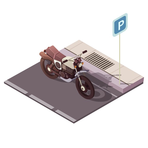 El concepto isométrico del estacionamiento de la motocicleta con los símbolos del tráfico de ciudad vector el ejemplo