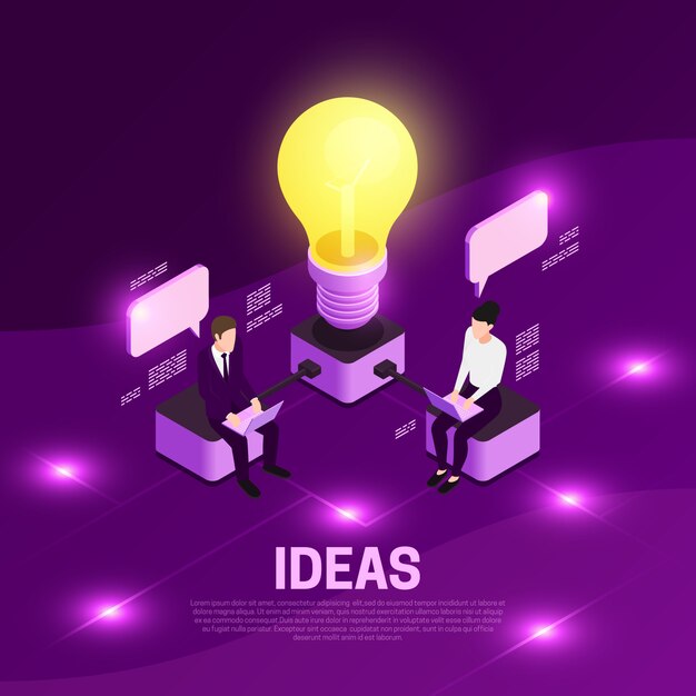 Concepto isométrico de estrategia empresarial con ilustración de violeta de símbolos de ideas