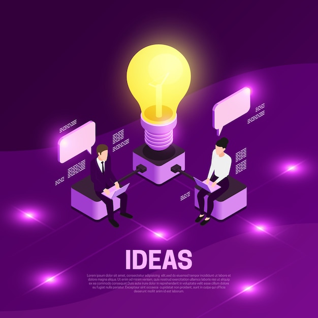 Concepto isométrico de estrategia empresarial con ilustración de violeta de símbolos de ideas