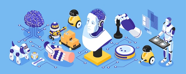 Concepto isométrico estrecho de inteligencia artificial con ilustración aislada de símbolos de robots industriales y domésticos