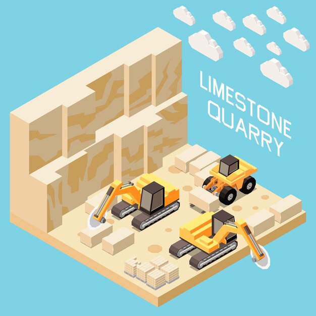 Concepto isométrico de fábrica de piedra con ilustración de vector de cantera de piedra caliza
