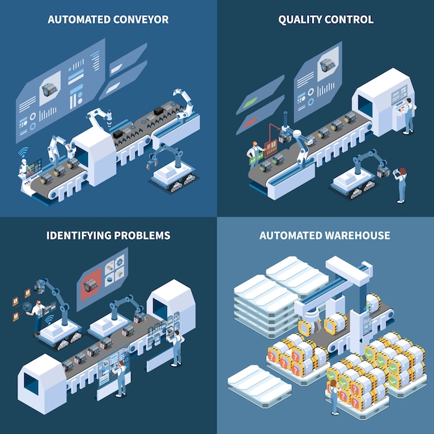 Concepto isométrico de fabricación inteligente con transportador robotizado almacén automatizado que identifica problemas control de calidad aislado