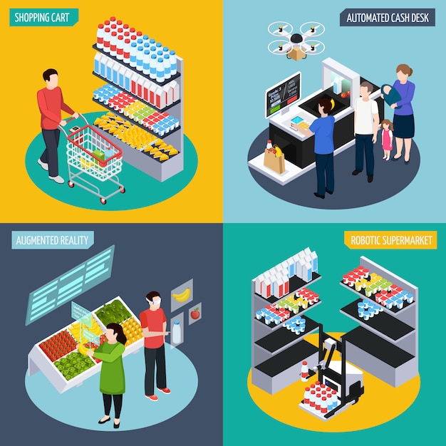 Concepto isométrico futuro super mercado