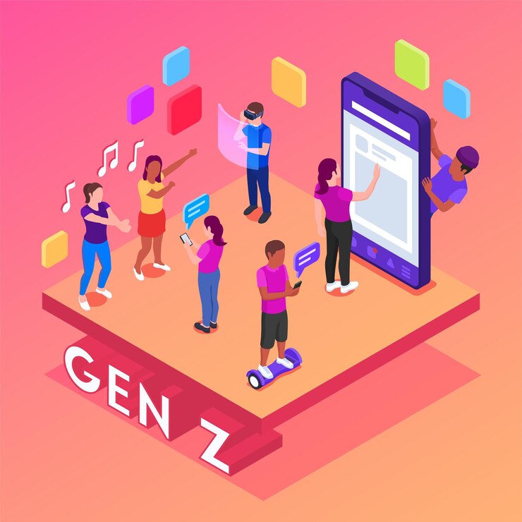 Vector gratuito concepto isométrico de generación z con jóvenes que usan diferentes dispositivos ilustración vectorial