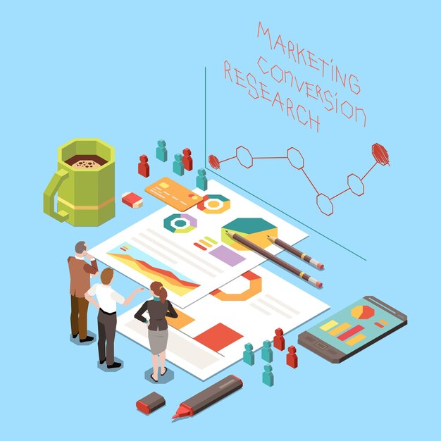Concepto isométrico con gente de negocios discutiendo la estrategia de optimización de la tasa de conversión y la investigación de mercados ilustración 3d
