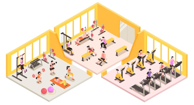 Concepto isométrico de gimnasio y club de fitness con personas entrenando dentro de la ilustración vectorial