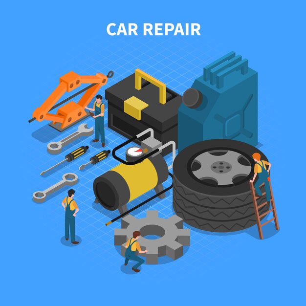 Concepto isométrico de herramientas de reparación de automóviles