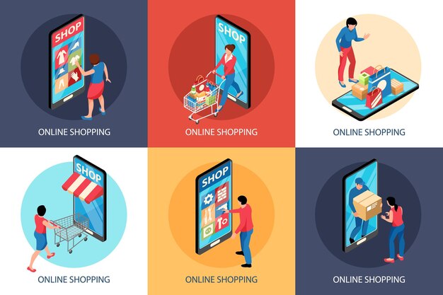 Concepto isométrico de ilustración de compras en línea con composiciones cuadradas de frentes de tiendas de teléfonos inteligentes y carros con personas