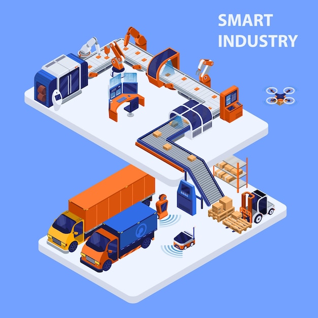 Concepto isométrico de la industria inteligente con tecnología y símbolos de fabricación ilustración vectorial