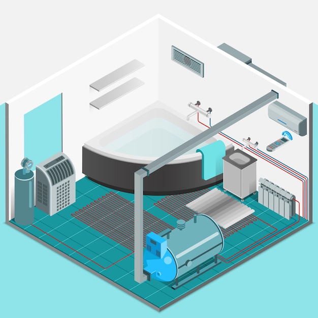 Concepto isométrico interior del sistema de enfriamiento de calefacción