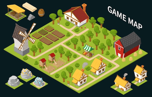 Concepto isométrico de juego con título de mapa de juego paisaje verde con árboles y casas ilustración vectorial
