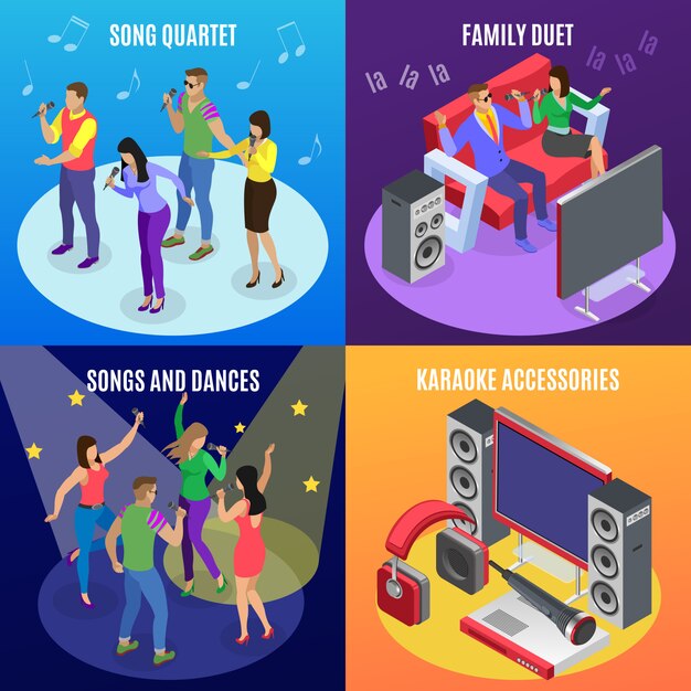 Concepto isométrico de karaoke 2x2 con iconos de estrellas focos e imágenes de personas en la fiesta de ktv