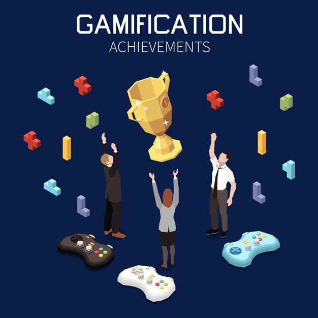 Concepto isométrico de logro de objetivos de trabajo en equipo de gamificación empresarial con empleados felices y copa de oro ilustración vectorial 3d