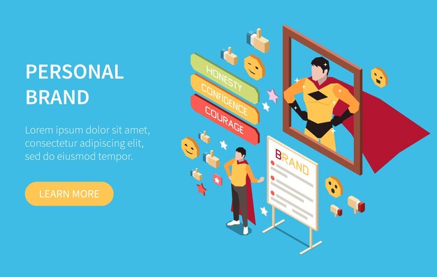 Concepto isométrico de marca personal con símbolos de construcción de imágenes empresariales ilustración vectorial