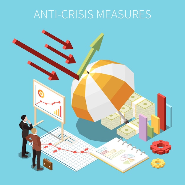 Concepto isométrico de medidas anticrisis con gestión empresarial y símbolos de protección financiera de la empresa ilustración vectorial