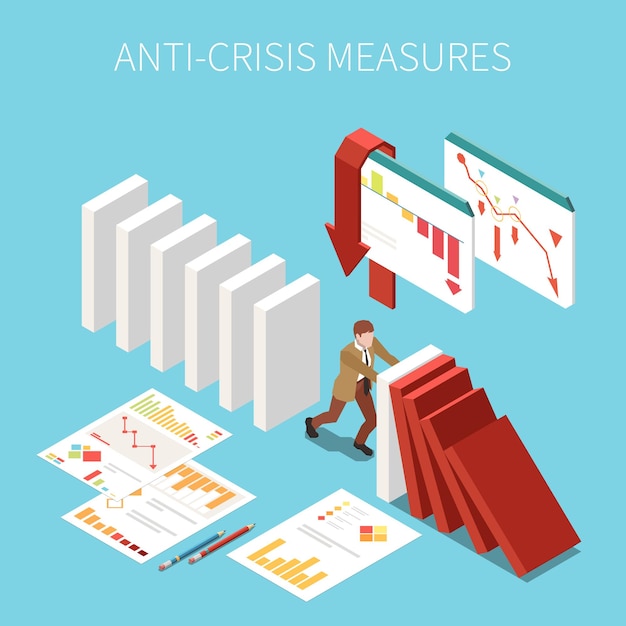 Concepto isométrico de medidas anticrisis con el hombre de negocios tratando de gestionar problemas de negocios ilustración vectorial