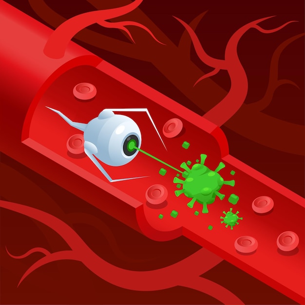Vector gratuito concepto isométrico de nanomedicina de nanotecnología con nanorobot que destruye la ilustración de vector de células de virus