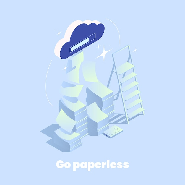 Concepto isométrico sin papel con almacenamiento de archivos en la nube y pilas de papeles ilustración vectorial 3d