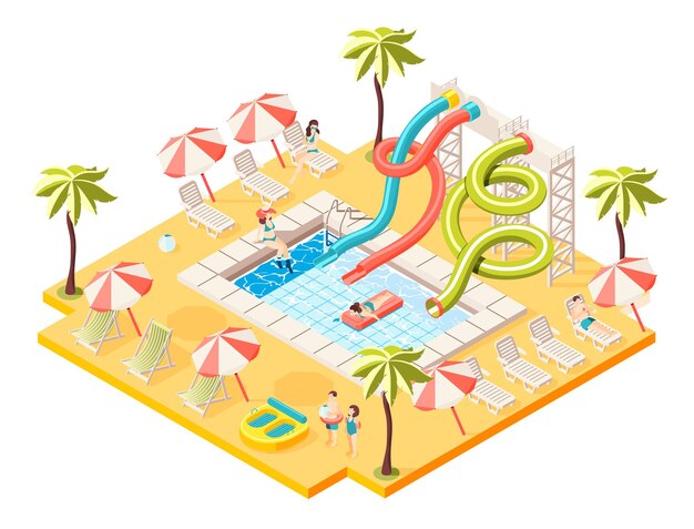 Concepto isométrico de parque acuático con ilustración de símbolos de entretenimiento para tomar el sol y nadar