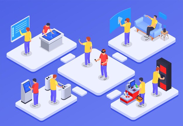 Concepto isométrico de personas e interfaces con personajes, terminales interactivos, dispositivos electrónicos.