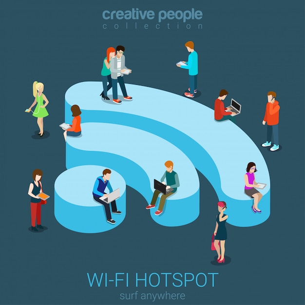 Concepto isométrico plano de conexión inalámbrica de zona inalámbrica de zona Wi-Fi pública, personas navegando por internet en la ilustración de podio en forma de WiFi