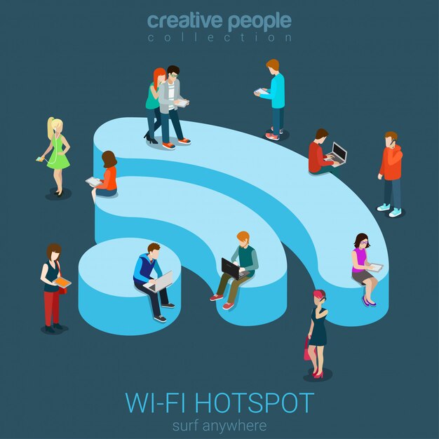 Concepto isométrico plano de conexión inalámbrica de zona inalámbrica de zona Wi-Fi pública, personas navegando por internet en la ilustración de podio en forma de WiFi