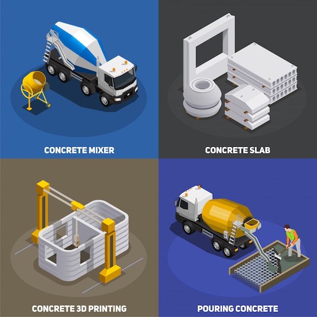 Concepto isométrico de producción de hormigón 2x2 con unidades de mezcla de cemento de transporte e instalaciones industriales con texto