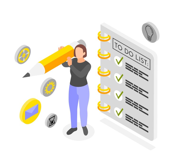 Vector gratuito concepto isométrico de productividad personal con mujer de pie cerca de una gran lista de tareas ilustración vectorial 3d