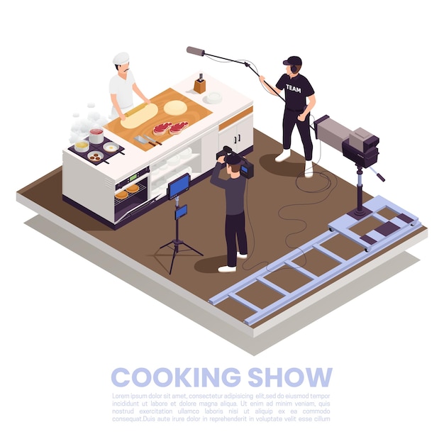 Concepto isométrico del programa de televisión con ilustración de símbolos de programa culinario de cocina