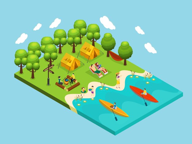 Concepto isométrico de recreación al aire libre