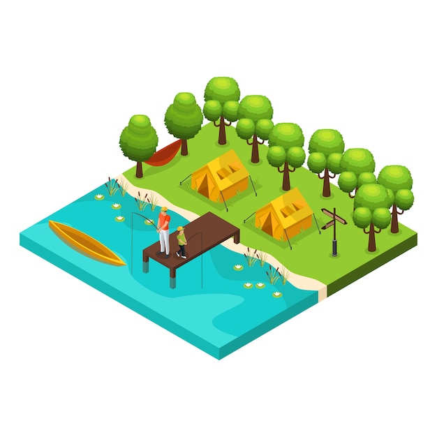 Concepto isométrico de recreación de fin de semana con padre e hijo pescando juntos en el lago aislado