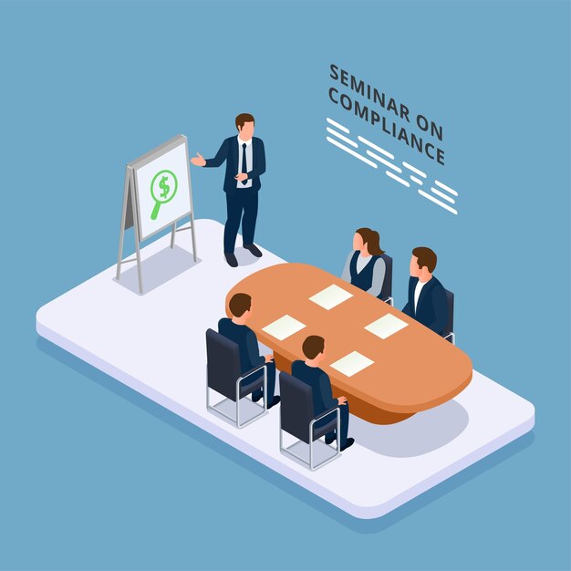 Concepto isométrico de regulación financiera con equipo legal en la ilustración de vector de seminario de cumplimiento