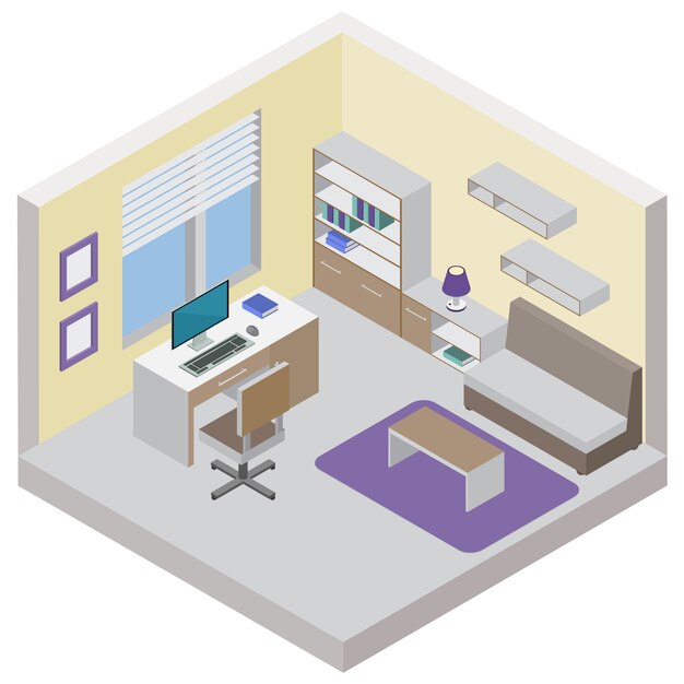 Concepto isométrico de sala de trabajo con estanterías de trabajo y área de invitados
