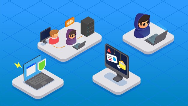 Concepto isométrico de seguridad cibernética con símbolos de ataques de piratas informáticos ilustración vectorial
