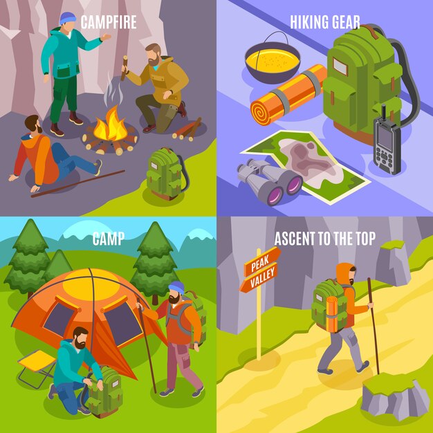 Concepto isométrico de senderismo con composiciones de imágenes de equipo de senderismo y personas caminando en campamentos.