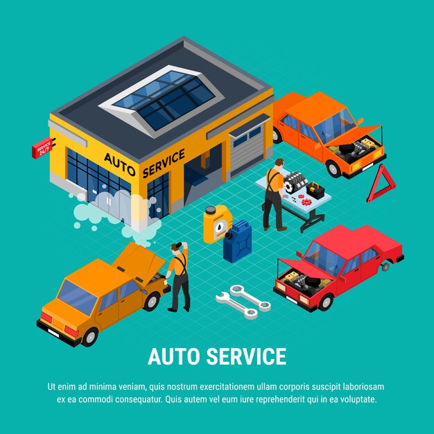 Concepto isométrico de servicio automático con herramientas de diagnóstico y equipo ilustración vectorial