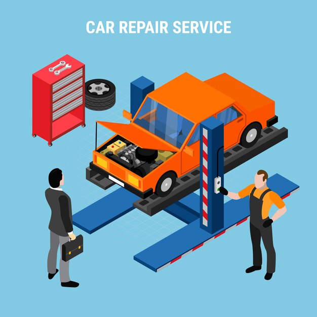 Concepto isométrico de servicio de coche con diagnóstico y herramientas ilustración vectorial