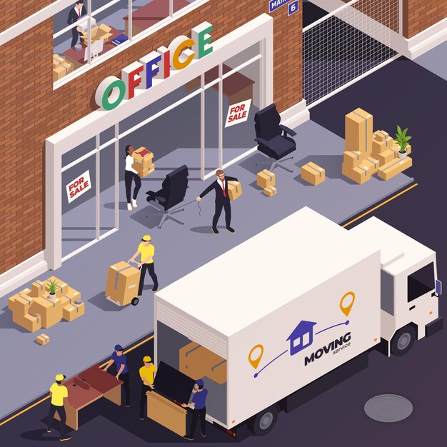 Concepto isométrico del servicio de reubicación con la empresa de mudanzas que reubica a las personas ilustración vectorial