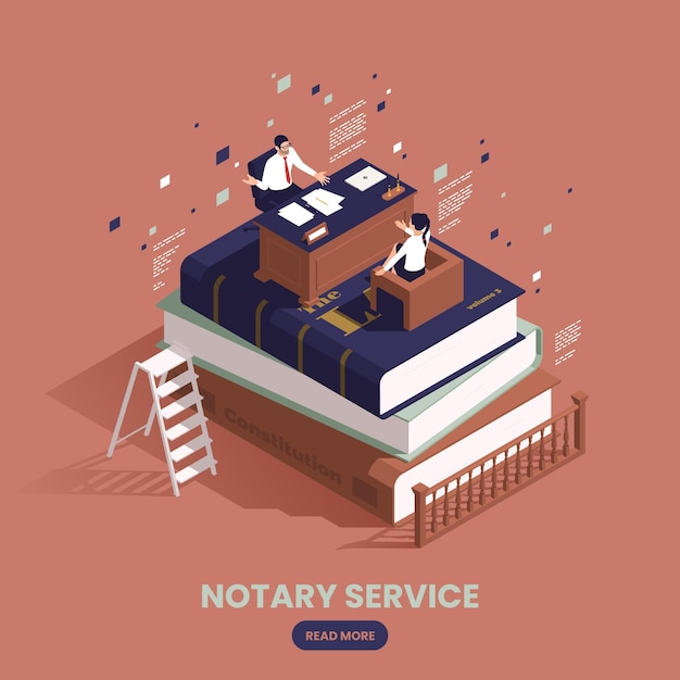 Concepto isométrico de servicios notariales la mesa con el notario trabajando en ella se encuentra en la pila de libros